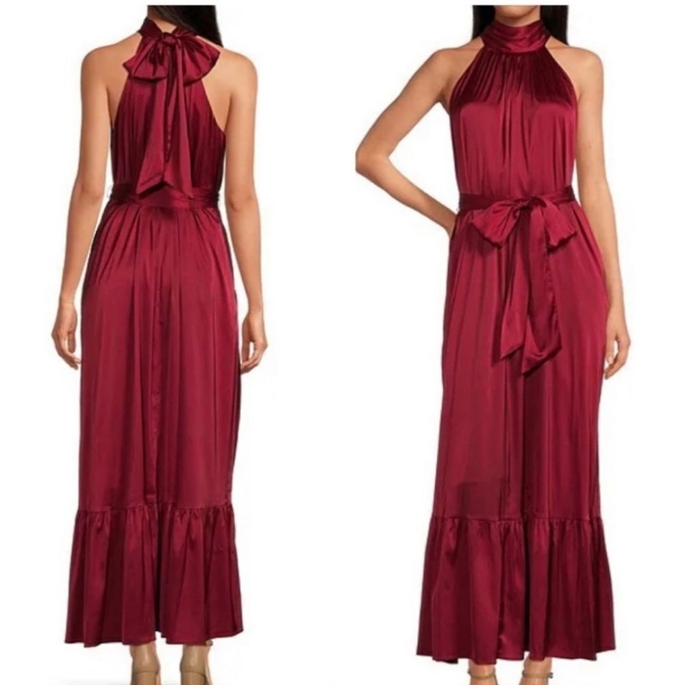 Belle Badgley Mischka Gemma Satin Halter Neck Maxi Tie Waist Flowy Dress Szs 4 6